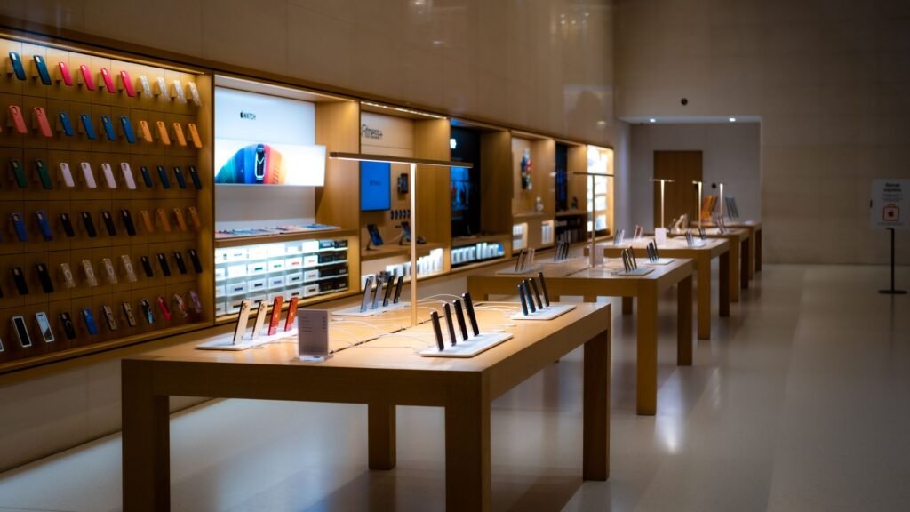 Mobile phones on display in a technology store