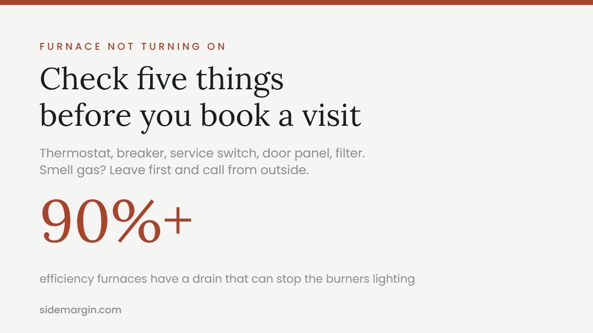 Checklist for a furnace not turning on: thermostat, power, door panel, filter